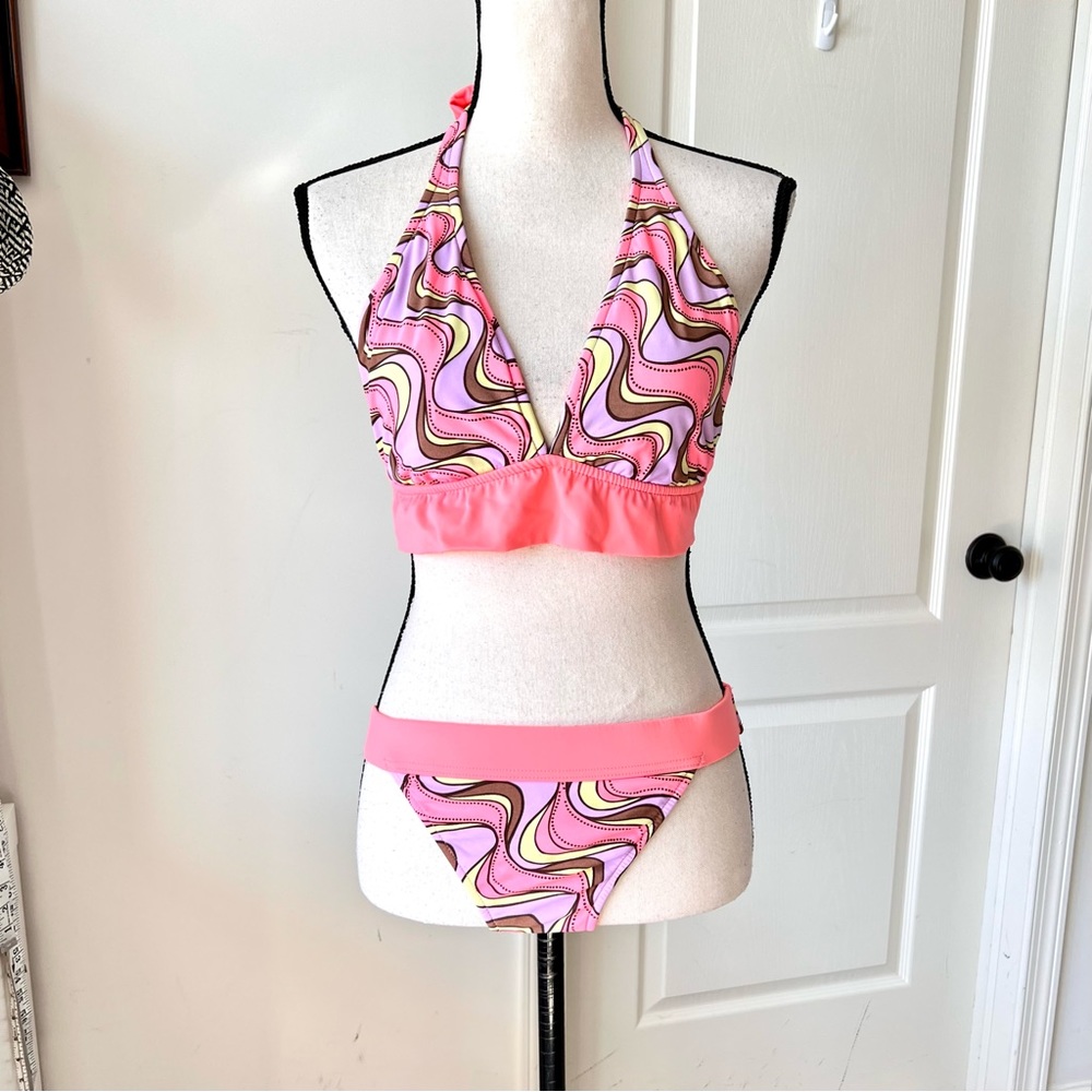 Vintage VENUS Halter Tie Colorful Wavy Pattern Bikini Set—SZ. 12 top/L bottoms